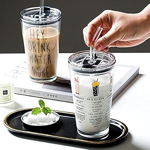 kamvy random design cartoon patterncreative multipurpose drinking glass measuring mugcup with silicone straw and lid drink for milkteacoffeejuicethick shake cup amp mug set of 1 400ml
