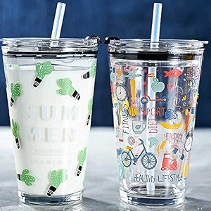 kamvy random design cartoon patterncreative multipurpose drinking glass measuring mugcup with silicone straw and lid drink for milkteacoffeejuicethick shake cup amp mug set of 2 400ml