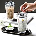 Kamvy Random Design, Cartoon Pattern,Creative Multipurpose Drinking Glass Measuring Mug/Cup with Silicone Straw and Lid Drink for Milk,Tea,Coffee,Juice,Thick Shake Cup &amp; Mug (Set of 1) 400ml