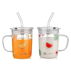 kamvy random design glass measuring drinking mug with handle and clear lid with silicone straw for girls amp kids multiple usage 350 ml pack of 2
