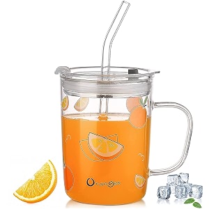 kamvy random design glass measuring drinking milk mug with handle and clear lid with silicone straw for girls amp kids multiple usage 350 ml set of 1