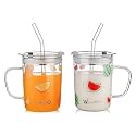 Kamvy Random Design Glass Measuring Drinking Mug with Handle and Clear Lid with Silicone Straw for Girls &amp; Kids Multiple Usage 350 ml (Pack of 2)