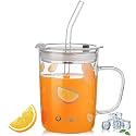 Kamvy Random Design Glass Measuring Drinking Milk Mug with Handle and Clear Lid with Silicone Straw for Girls &amp; Kids Multiple Usage 350 ml (Set of 1)