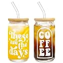 KAMVY Random Printed Beer Can Shaped Reusable Boba Cup with Wooden Lids and Glass Straw Ice Coffee Mug 500ml Drinking Glasses Ideal for Cocktails,Soda Tumbler Pack of 2 (Printed Can - 2)