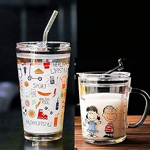 kamvy random printed glass coffee mug with lid amp straw home milk juice tea multipurpose drinking glass measuring cup travel sipper tumbler mug 400 and kids mug 350 ml -pack of 2 tumbler  kids mug