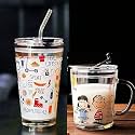 KAMVY Random Printed Glass Coffee Mug with Lid &amp; Straw Home Milk Juice Tea Multipurpose Drinking Glass Measuring Cup Travel Sipper Tumbler Mug 400 and Kids Mug 350 ml -(Pack of 2) (Tumbler + Kids Mug)