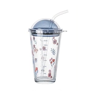 kamvy random printed glass tumbler with plastic lid and straw 470mlfloral patternmultipurpose drinking glasses travel sipper bottles for juice smoothies milkshake cold amp hot beverages floral