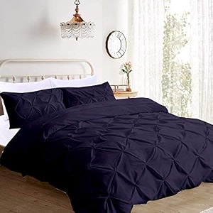 kanak bedding 3 piece bedding duvet cover set luxurious pinch pleated duvet cover with zipper closureegyption cotton pintuck duvet cover setcalifornia queennavy blue