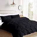 Kanak Bedding 3 Piece Bedding Duvet Cover Set Luxurious Pinch Pleated Duvet Cover with Zipper Closure,Egyption Cotton Pintuck Duvet Cover Set,Full/Queen(Black)