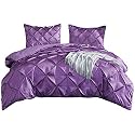 Kanak Bedding 3 Piece Bedding Duvet Cover Set Luxurious Pinch Pleated Duvet Cover with Zipper Closure,Egyption Cotton Pintuck Duvet Cover Set,Full/Queen(Purpel)