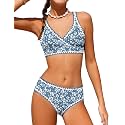 KANGKANG Girls Swimsuit Bikini Set Solid Color V-Neck Two Piece Bathing Suit with Chest Pad Adjustable Straps Swimwear 7-16T