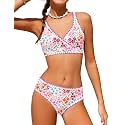 KANGKANG Girls Swimsuit Bikini Set Solid Color V-Neck Two Piece Bathing Suit with Chest Pad Adjustable Straps Swimwear 7-16T