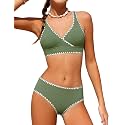 KANGKANG Girls Swimsuit Bikini Set Solid Color V-Neck Two Piece Bathing Suit with Chest Pad Adjustable Straps Swimwear 7-16T