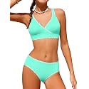 KANGKANG Girls Swimsuit Bikini Set Solid Color V-Neck Two Piece Bathing Suit with Chest Pad Adjustable Straps Swimwear 7-16T