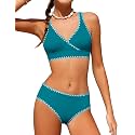 KANGKANG Girls Swimsuit Bikini Set Solid Color V-Neck Two Piece Bathing Suit with Chest Pad Adjustable Straps Swimwear 7-16T