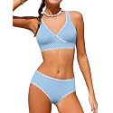 KANGKANG Girls Swimsuit Bikini Set Solid Color V-Neck Two Piece Bathing Suit with Chest Pad Adjustable Straps Swimwear 7-16T