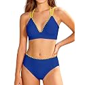 KANGKANG Girls Swimsuit Bikini Set Solid Color V-Neck Two Piece Bathing Suit with Chest Pad Adjustable Straps Swimwear 7-16T