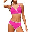 KANGKANG Girls Swimsuit Bikini Set Solid Color V-Neck Two Piece Bathing Suit with Chest Pad Adjustable Straps Swimwear 7-16T