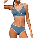 KANGKANG Girls Swimsuit Bikini Set Solid Color V-Neck Two Piece Bathing Suit with Chest Pad Adjustable Straps Swimwear 7-16T
