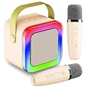 Mini Karaoke Machine for Kids Teen Adults, Kids Karaoke Machine with 2 Wireless Microphones and LED Lights Toys for Party, Home, Gifts for 4 5 6 7 8 9 10 11 12+ Years Girls Boys(Beige)