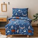 KAREVER Cartoon Toddler Bedding Set Bear Fox 4 Pieces Crib Bed Set Kids Navy Blue Animal Print Comforter Set