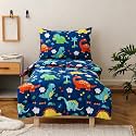 KAREVER Dinosaur Toddler Bedding Set Cartoon Print 4 Pieces Crib Bed Set Kids Animal Print Comforter Set
