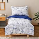 KAREVER Cartoon Toddler Bedding Set Bluey Vehicles Print 4 Pieces Boys Crib Bed Set Kids White Blue Car Plane Print Comforter Set