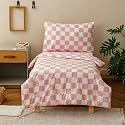 KAREVER Grid Toddler Bedding Set Pink White Checkered 4 Pieces Crib Bed Set Kids Pliad Comforter Set