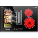 Karinear 30 Inch Downdraft Electric Cooktop with Ventilation System, 4 Burner 7400W Ceramic Glass Stove Top, BBQ Bridge Element &amp; Dual Ring Burner, 9-Speed Fan, Timer, Child Lock, 240V(Ductless Mode)