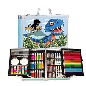 karp children deluxe art drawing set for kids drawing amp coloring set with crayons oil pastels colour pencils watercolors sketch pens brushes amp carry case 145 pcs dino-saur print art set