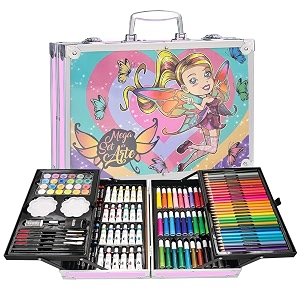 karp children deluxe art drawing set for kids drawing amp coloring set with crayons oil pastels colour pencils watercolors sketch pens brushes amp carry case 145 pcs fairy print art set