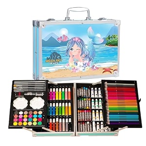 karp children deluxe art drawing set for kids drawing amp coloring set with crayons oil pastels colour pencils watercolors sketch pens brushes amp carry case 145 pcs mer-maid print art set