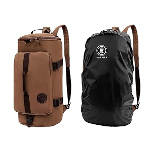 karrier 50l trekking bag for men amp women  durable denim travel backpack cum duffle bag for hiking camping cycling  reinforced straps