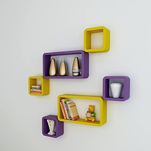 kartik enterprises mdf wall decoration shelf set of 6 cube amp rectangle wall shelvesyellow amp purple