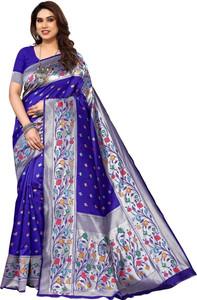 karuna creation woven embroidered striped paithani art silk silk blend saree dark blue