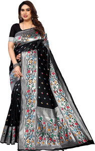 karuna creation woven embroidered striped paithani art silk silk blend saree black