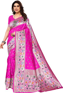 karuna creation woven embroidered striped paithani art silk silk blend saree pink