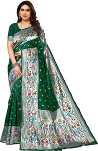 karuna creation woven embroidered striped paithani art silk silk blend saree green