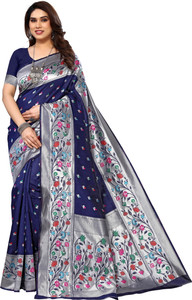 karuna creation woven embroidered striped paithani art silk silk blend saree dark blue