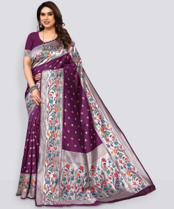 karuna creation woven embroidered striped paithani art silk silk blend saree maroon