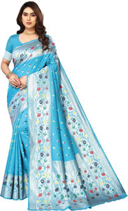 karuna creation woven embroidered striped paithani art silk silk blend saree light blue
