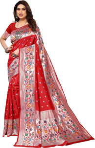 karuna creation woven embroidered striped paithani art silk silk blend saree red