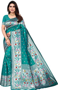 karuna creation woven embroidered striped paithani art silk silk blend saree light green