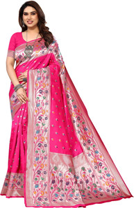 karuna creation woven embroidered striped paithani art silk silk blend saree pink