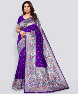 karuna creation woven embroidered striped paithani art silk silk blend saree purple