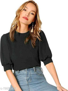 KASHIAN Casual Puff Sleeves Solid Women Black