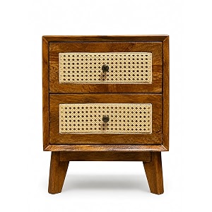 the kastht wooden bedside table with 2 rattan cane drawers mid-century style walnut finish