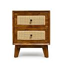 THE KASTHT Wooden Bedside Table with 2 Rattan Cane Drawers, Mid-Century Style, Walnut Finish