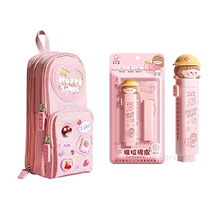 kawaii cute pink stationery set for girls  kawaii backpack pencil pouch with happy times design amp peach doll pull rubber eraser  ideal gift for school kids