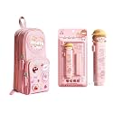 Kawaii Cute Pink Stationery Set for Girls | Kawaii Backpack Pencil Pouch with Happy Times Design &amp; Peach Doll Pull Rubber Eraser | Ideal Gift for School Kids